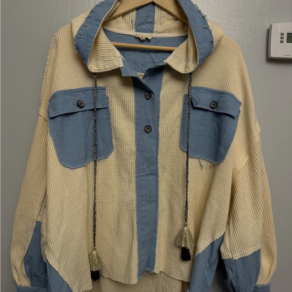 POL Blue and Cream Utility Jacket Cozy Fleece Design
